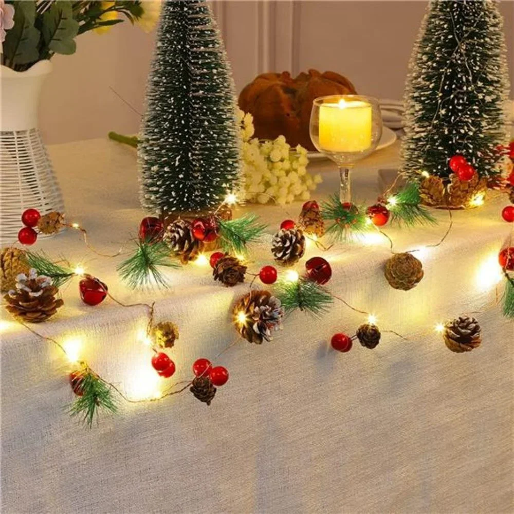 Christmas Decoration Pine Cone Red Berry Garland Lights Battery Powered
